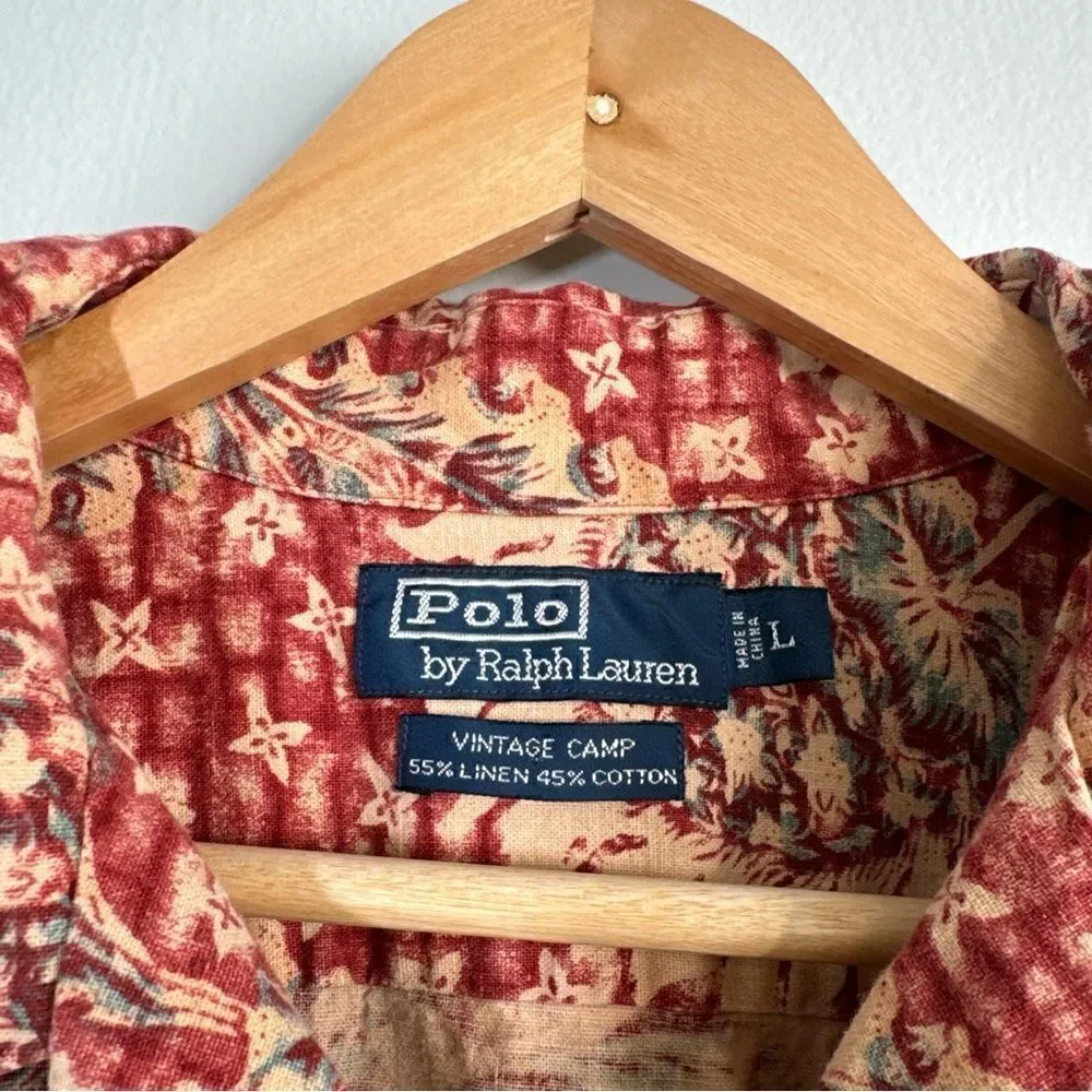 Polo Ralph Lauren Vintage Camp Shirt Men's L Linen Blend Pineapple Floral Red